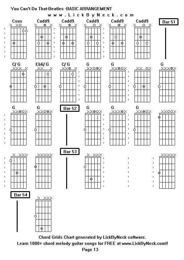 Chord Grids Chart of chord melody fingerstyle guitar song-You Can't Do That-Beatles -BASIC ARRANGEMENT,generated by LickByNeck software.